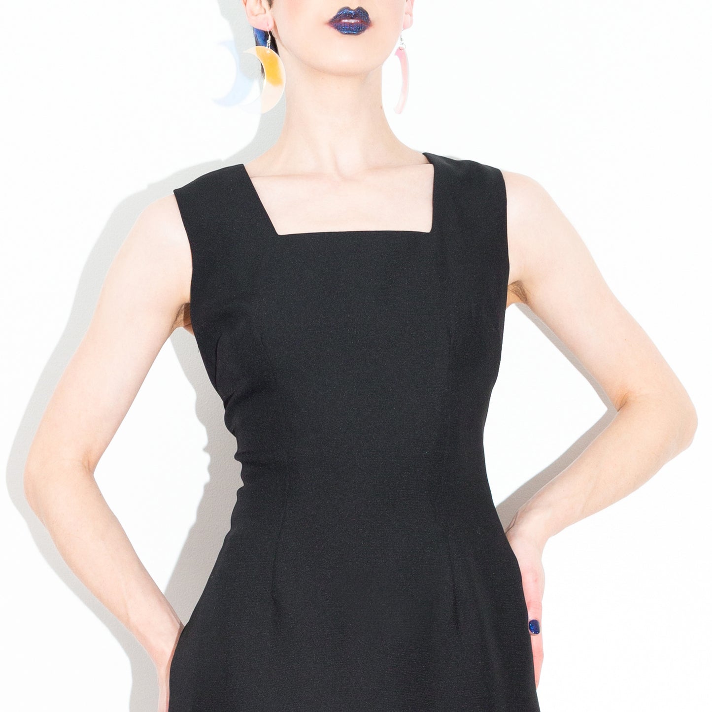 Vintage 80s Square Neckline Hourglass Black Mini Dress