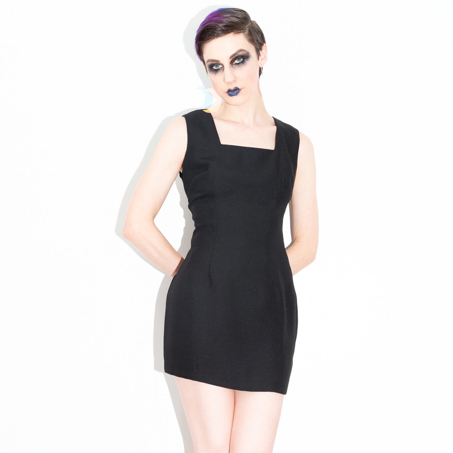 Vintage 80s Square Neckline Hourglass Black Mini Dress