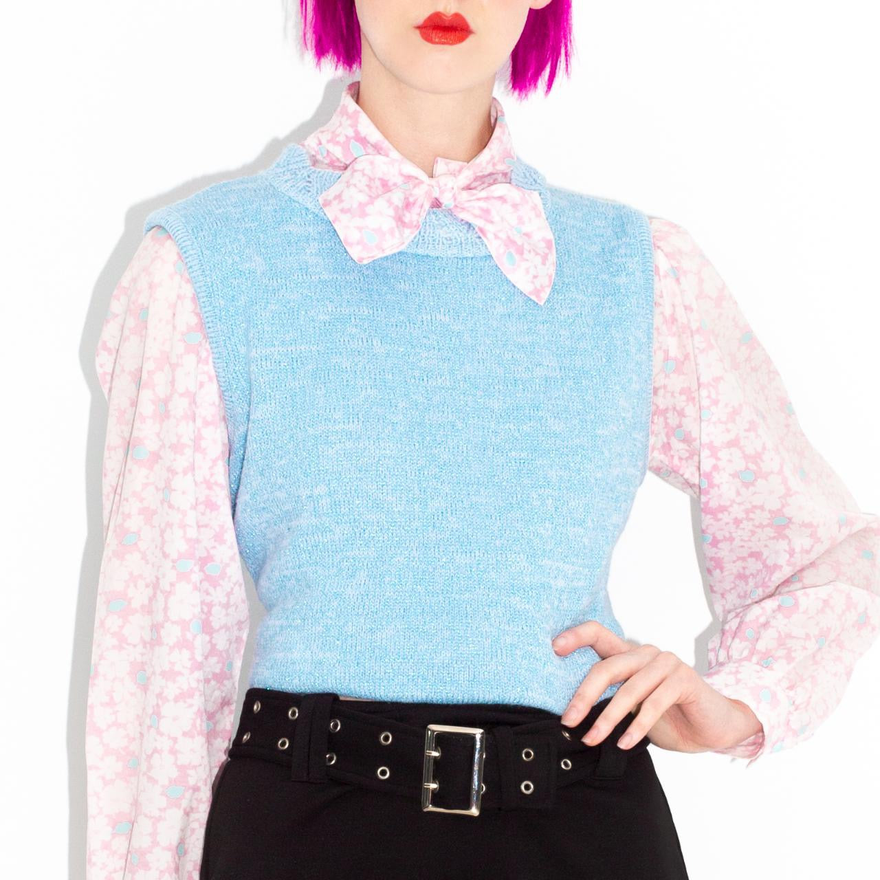 Vintage 80s Baby Blue Sparkly Sweater Vest with Crochet Lace Collar