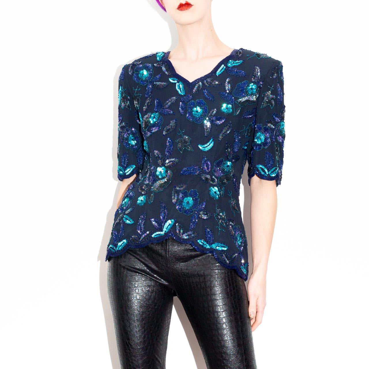 Vintage 80s Blue floral Sequined Top