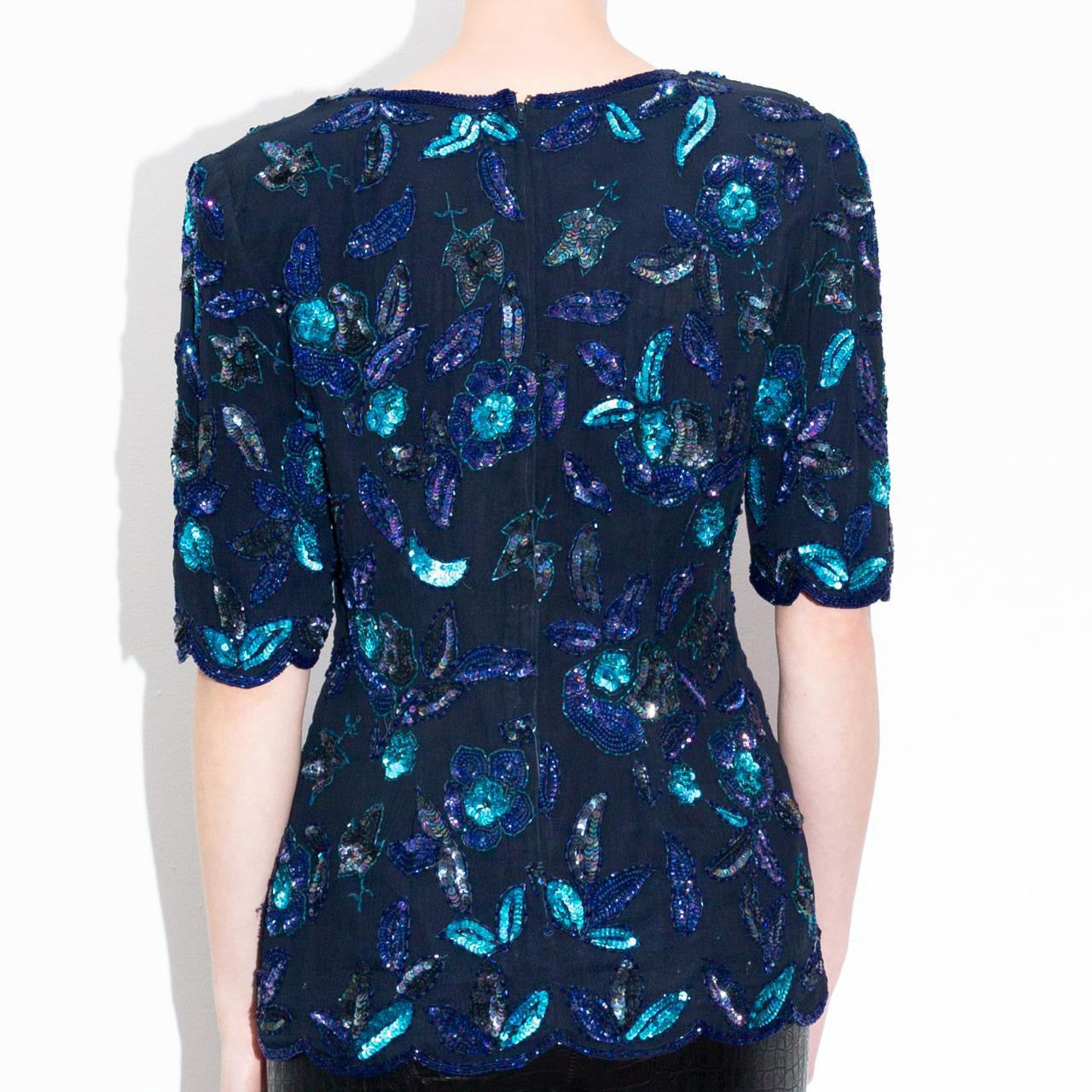 Vintage 80s Blue floral Sequined Top