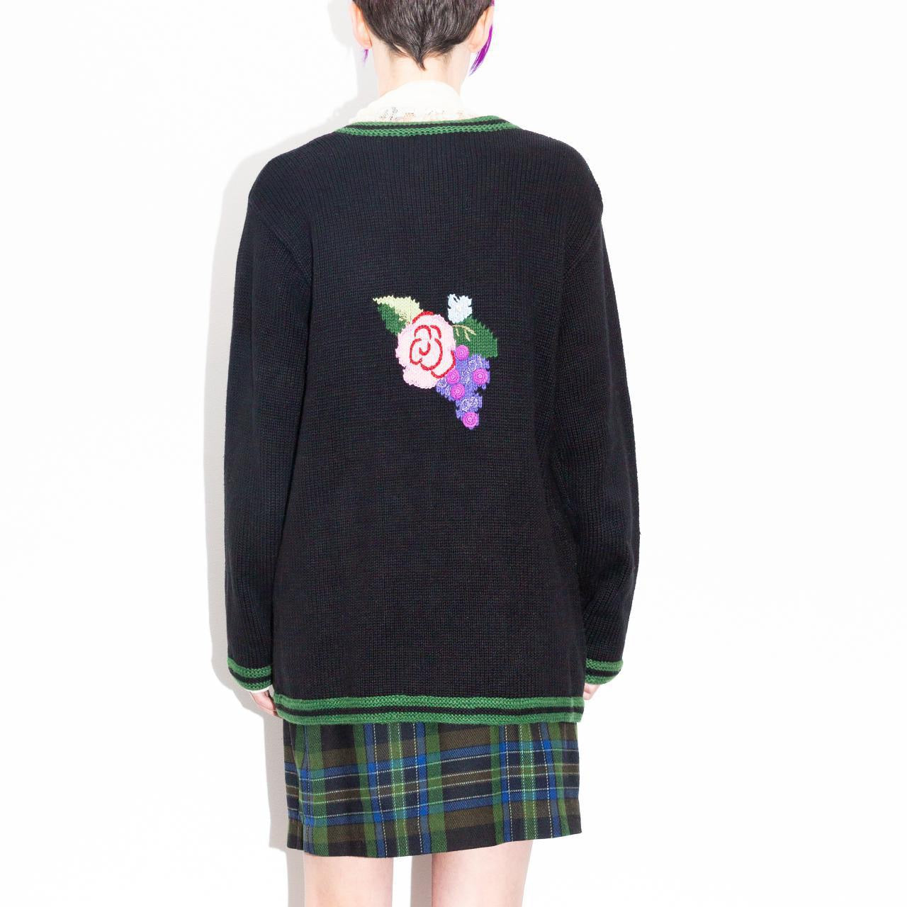 Vintage 90s Black Cardigan Sweater With Flowers