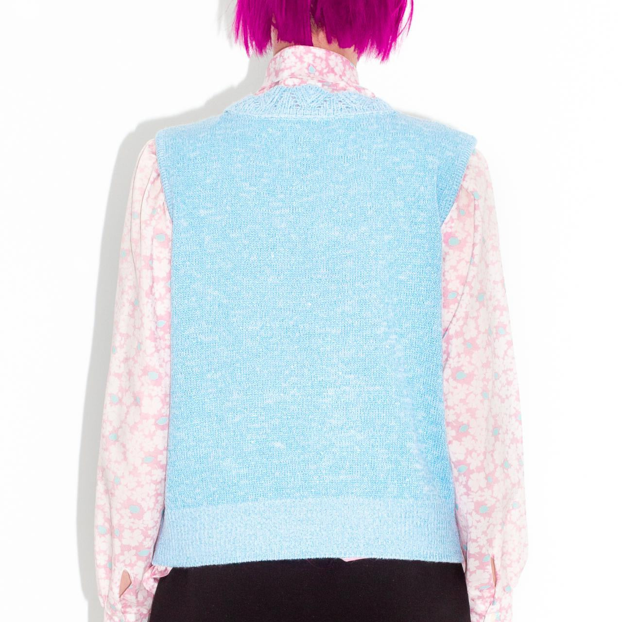 Vintage 80s Baby Blue Sparkly Sweater Vest with Crochet Lace Collar