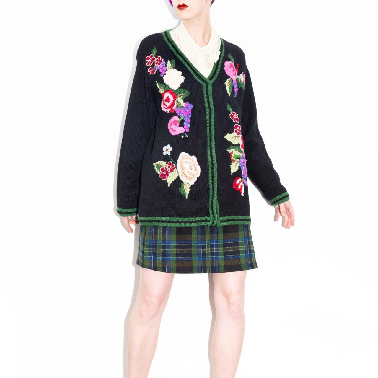 Vintage 90s Black Cardigan Sweater With Flowers