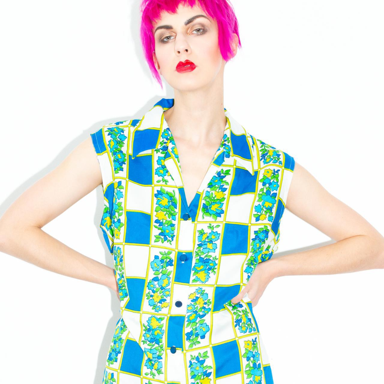 Vintage 60s Blue and Green Floral Grid Blouse