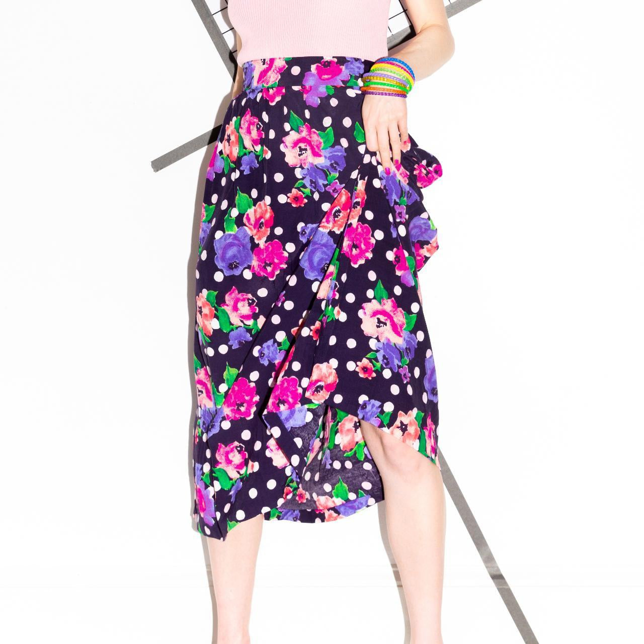 Vintage 80s Polka Dot Floral Skirt