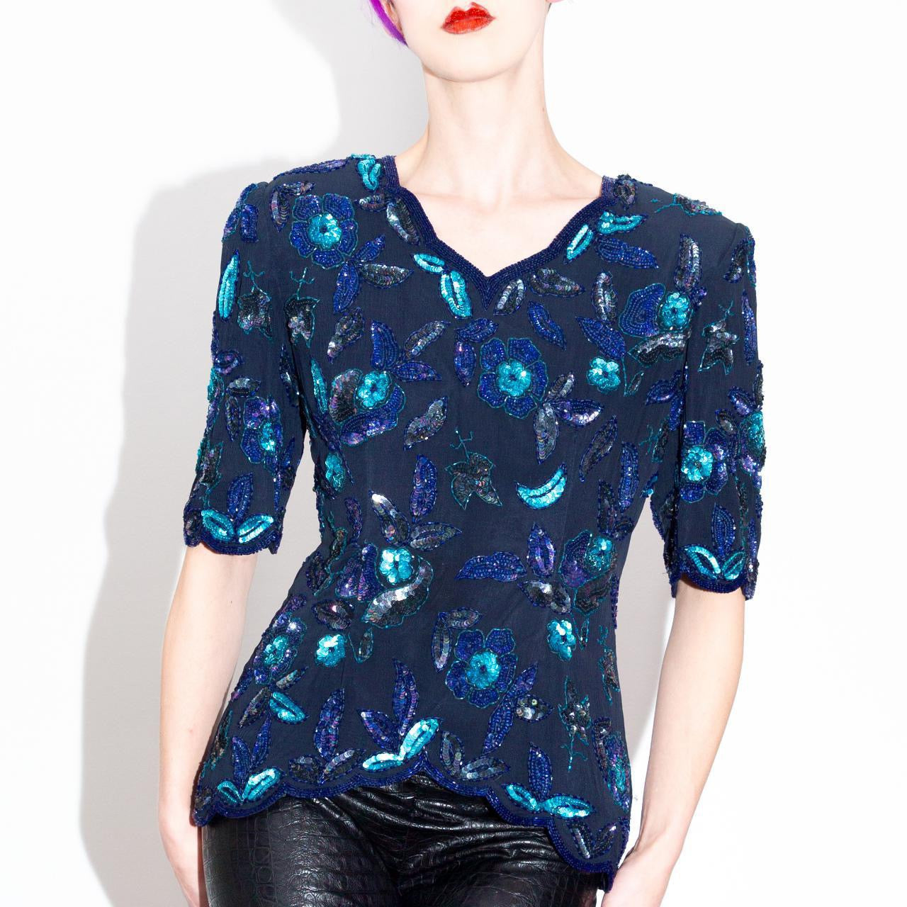 Vintage 80s Blue floral Sequined Top