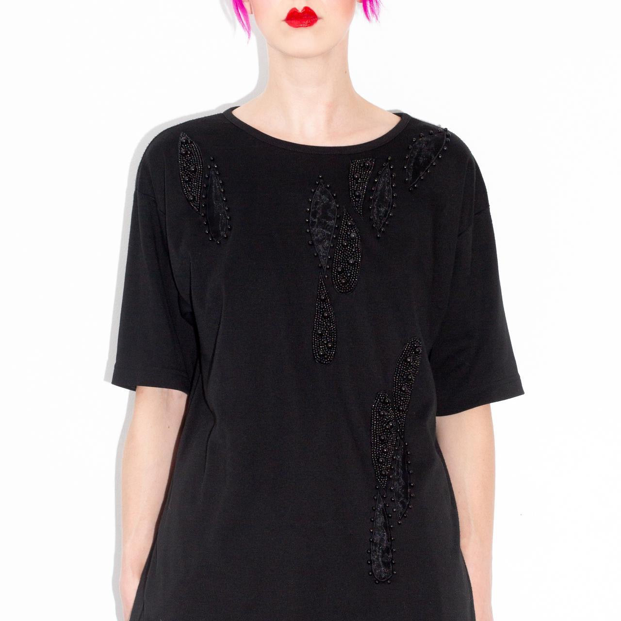 Vintage 90s Black Tshirt with Abstract Beading