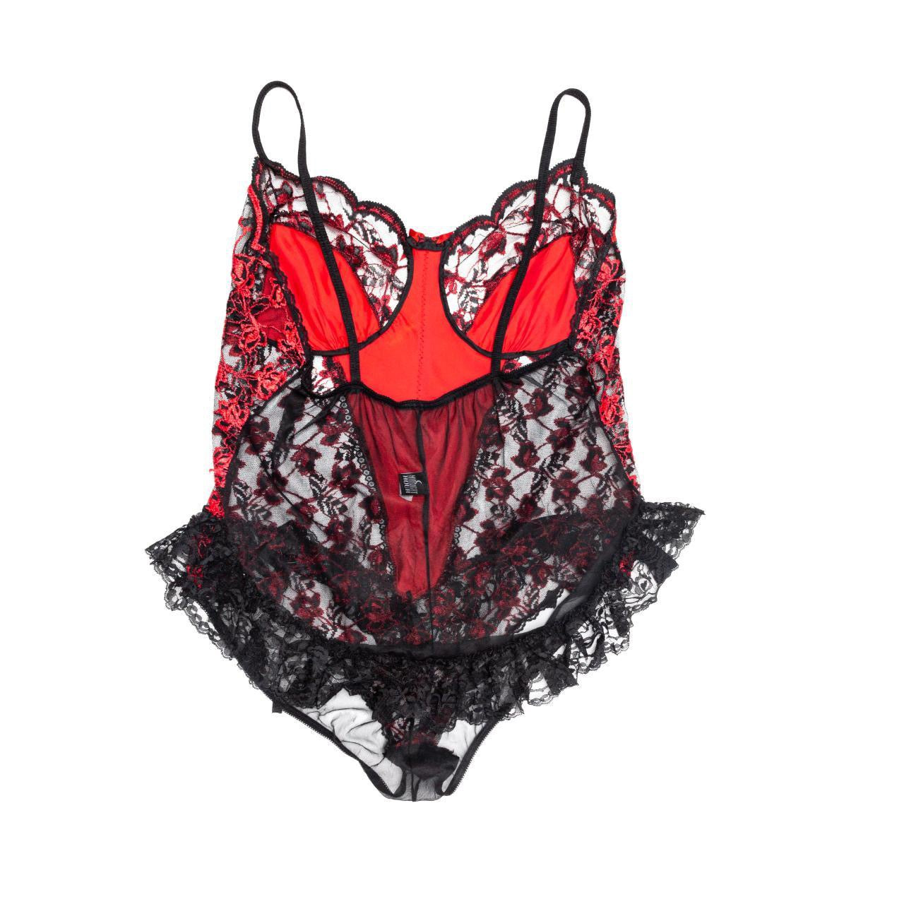 Vintage 80s Red and Black Sheer Lace Teddy