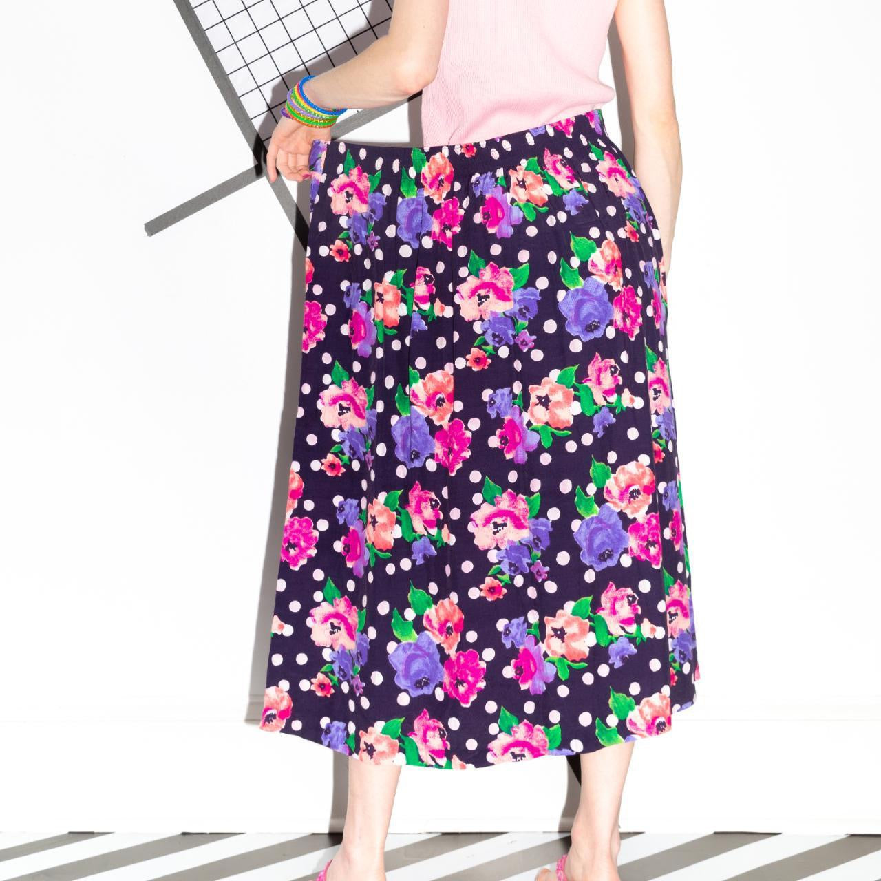 Vintage 80s Polka Dot Floral Skirt