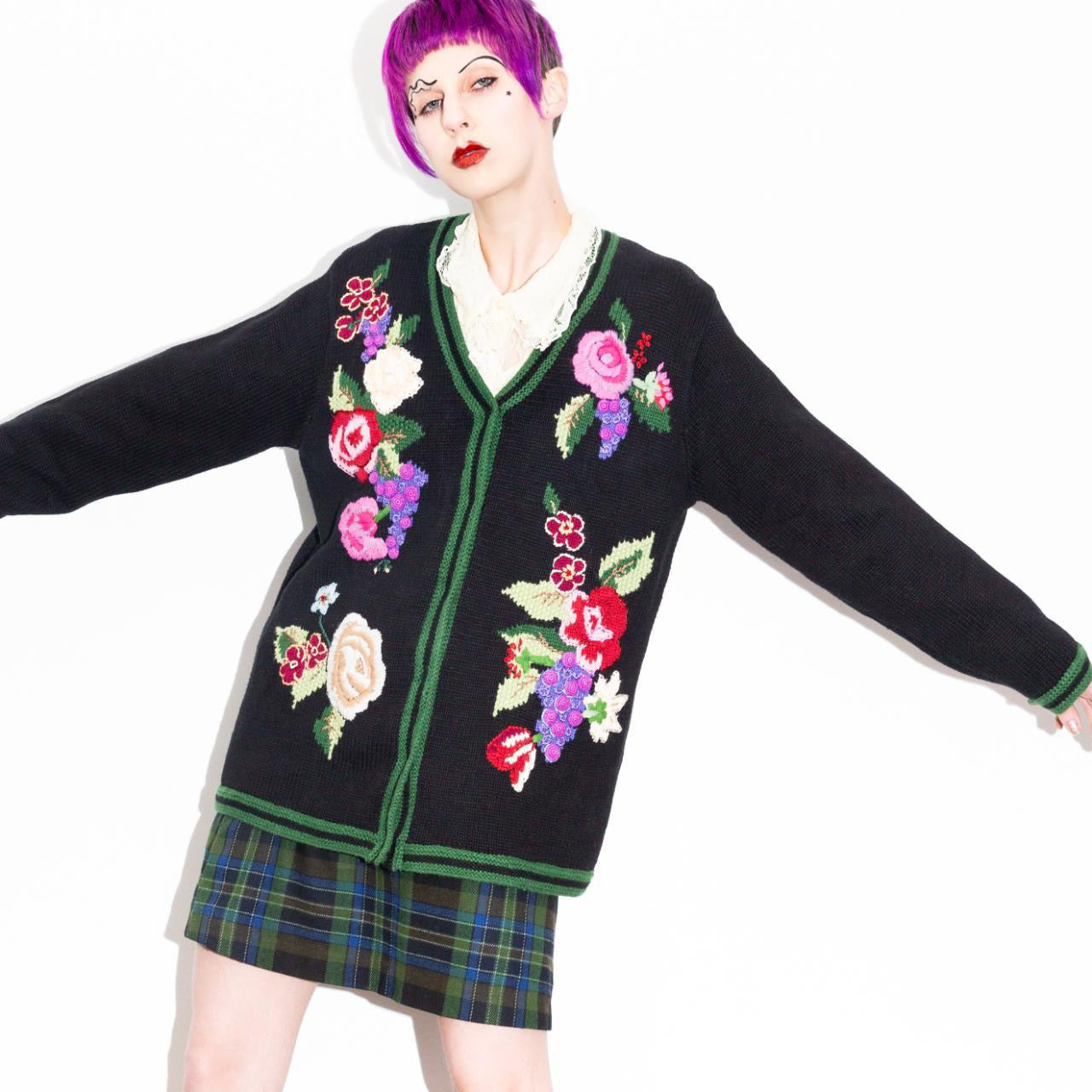 Vintage 90s Black Cardigan Sweater With Flowers