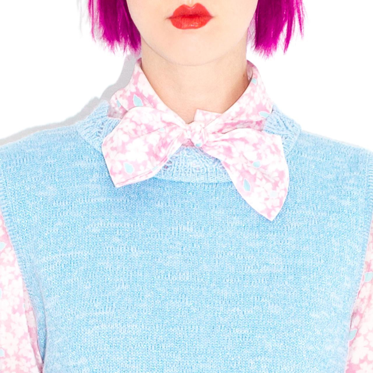 Vintage 80s Baby Blue Sparkly Sweater Vest with Crochet Lace Collar