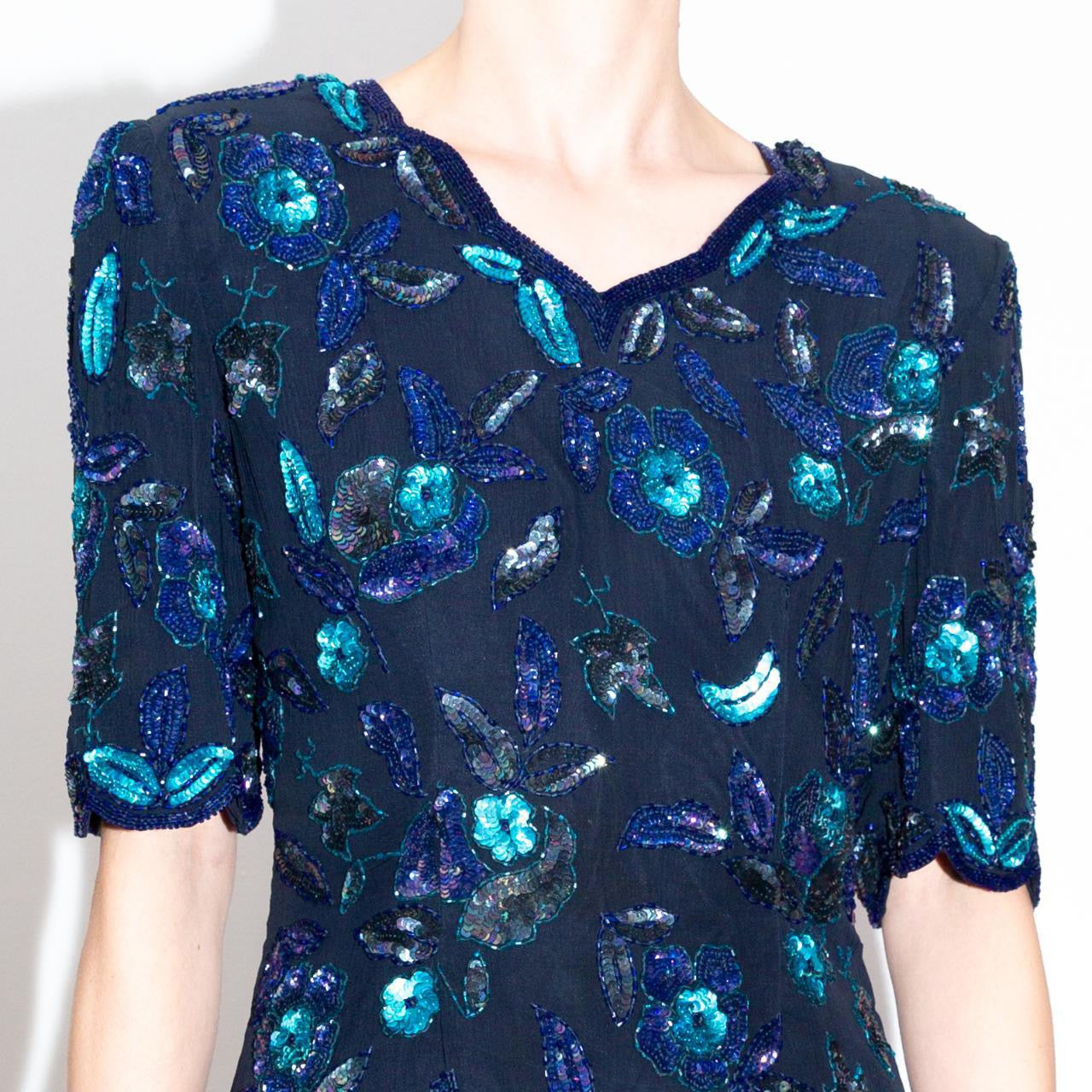 Vintage 80s Blue floral Sequined Top