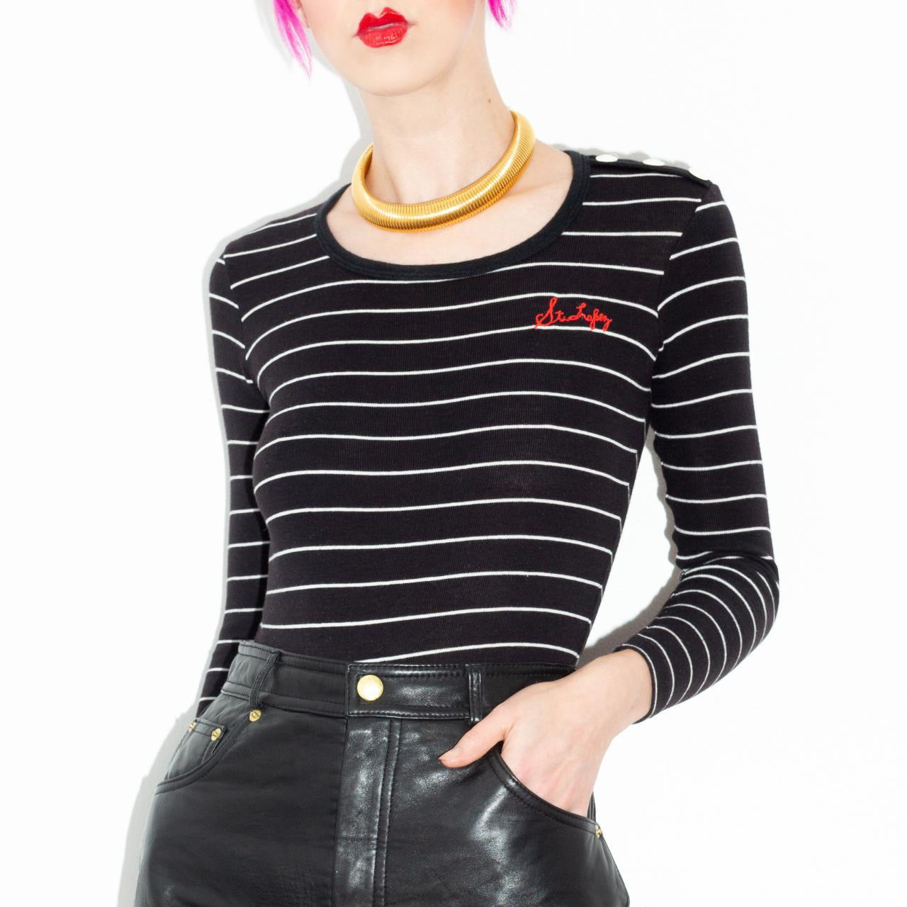 Vintage 60s Striped Bodysuit with St. Tropez Embroidery