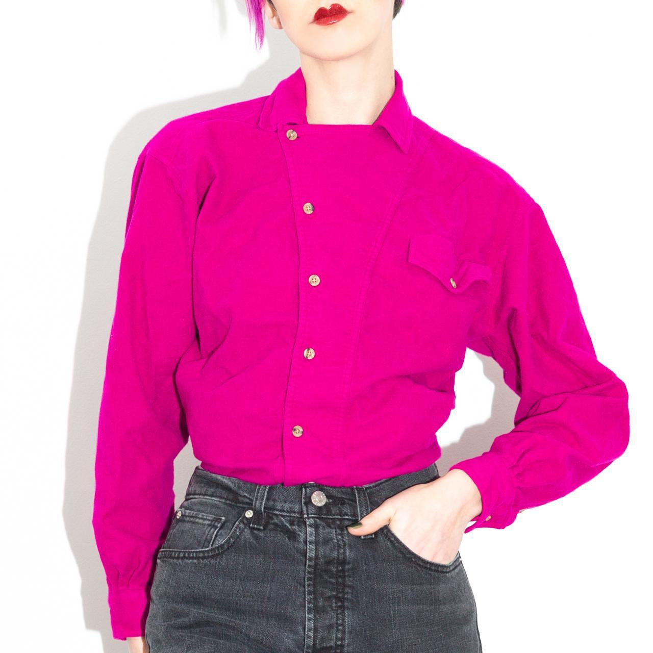 Vintage 80s Hot Pink Flannel Asymmetric Buttondown