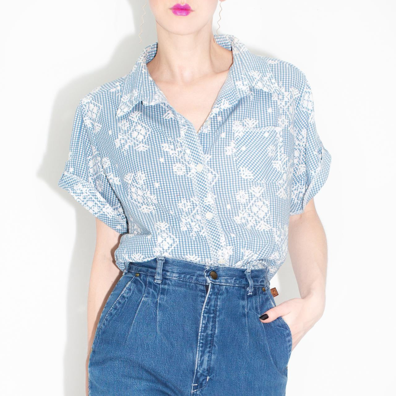 Vintage Baby Blue and White Floral Woolrich Top