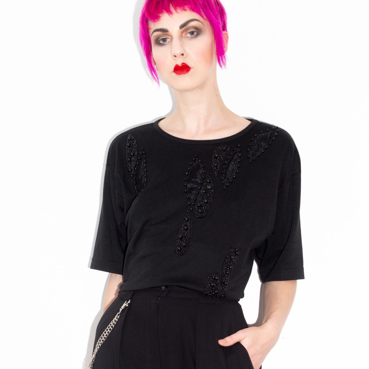 Vintage 90s Black Tshirt with Abstract Beading