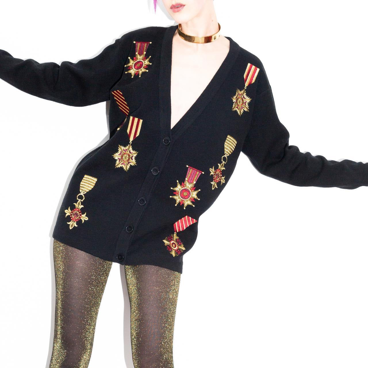 Vintage 90s Black Cardigan Sweater with Medals