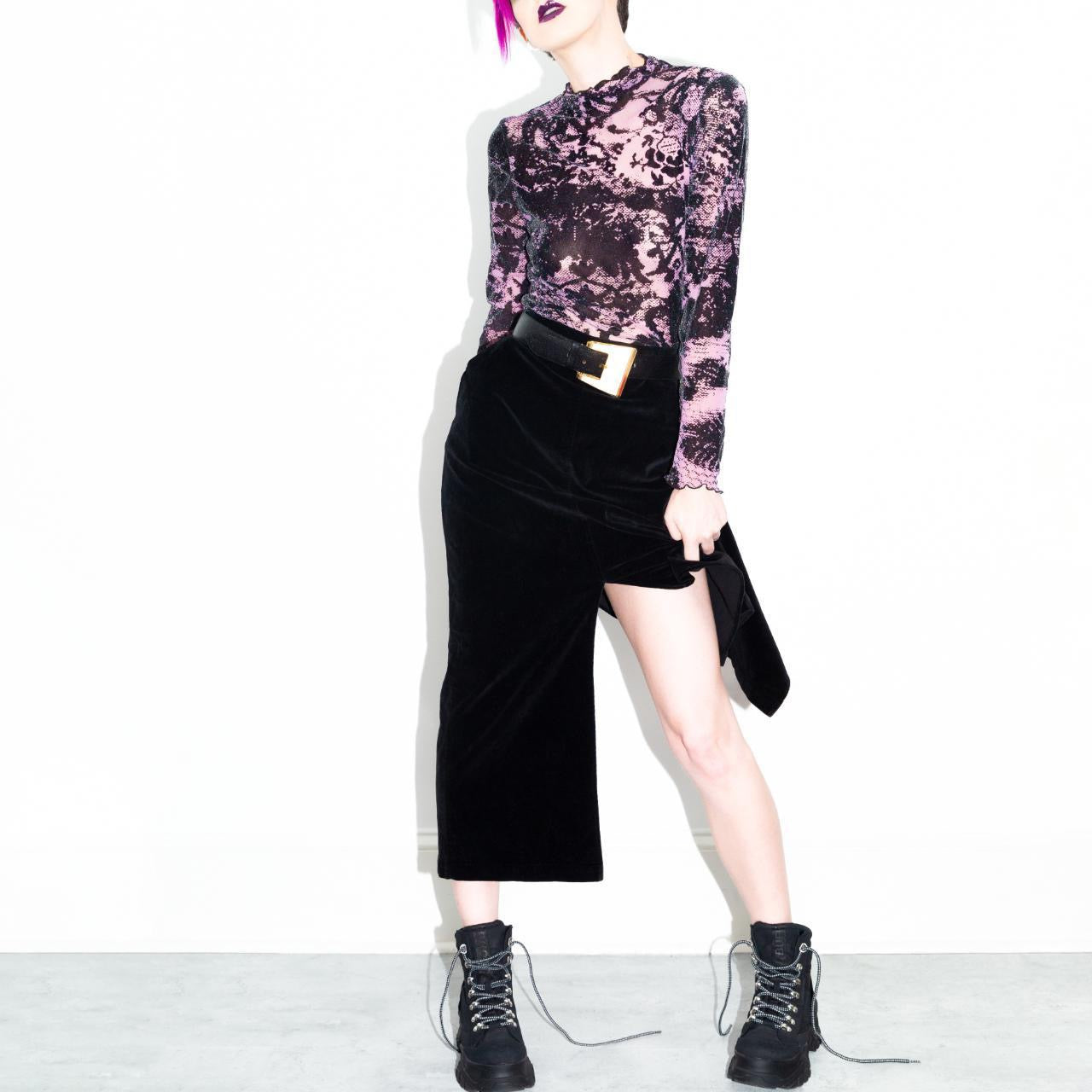 Vintage 90s Black Velvet Slit Skirt