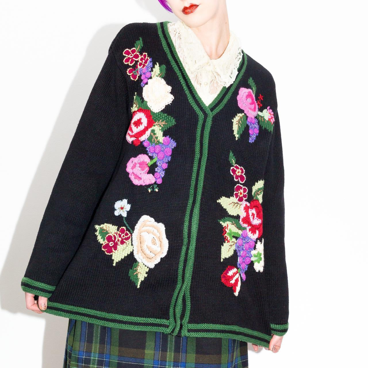 Vintage 90s Black Cardigan Sweater With Flowers