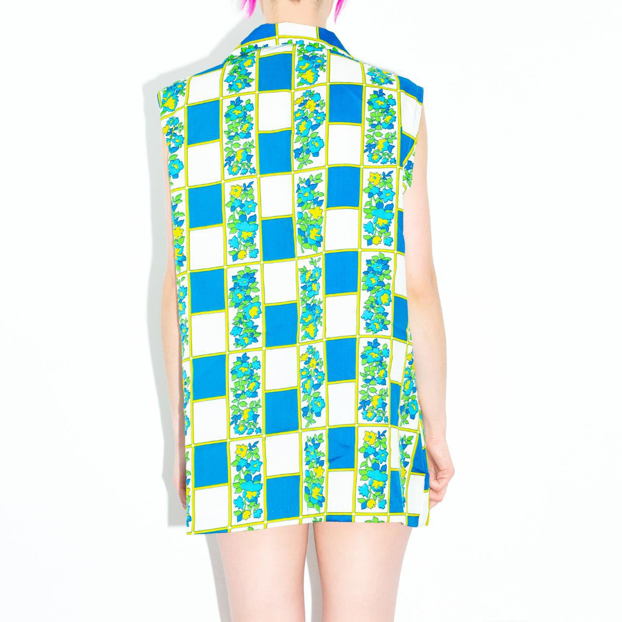 Vintage 60s Blue and Green Floral Grid Blouse