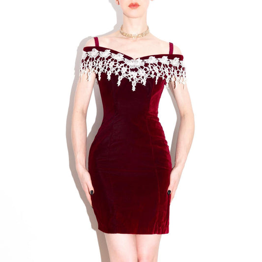 vtg 80s Velvet Red Wine Dress