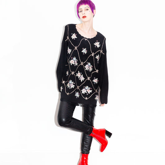 Vintage 90s Black with Pastel Flowers Grandmacore Sweater