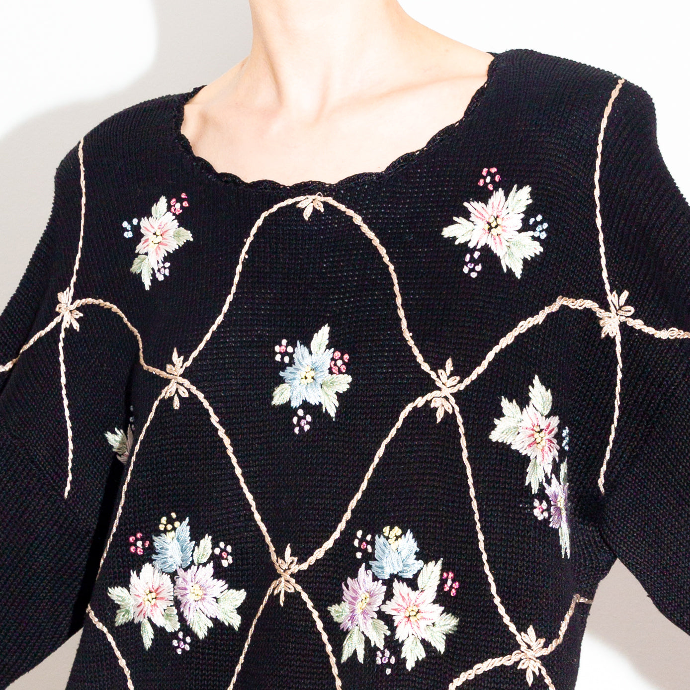 Vintage 90s Black with Pastel Flowers Grandmacore Sweater