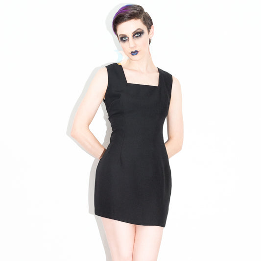 Vintage 80s Square Neckline Hourglass Black Mini Dress