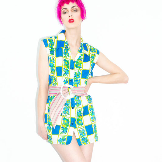 Vintage 60s Blue and Green Floral Grid Blouse