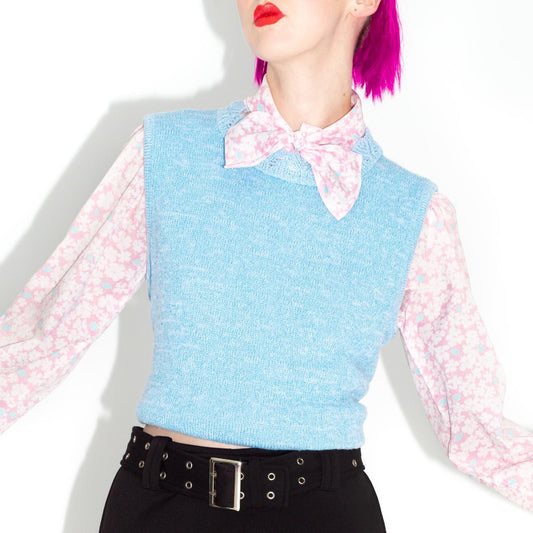 Vintage 80s Baby Blue Sparkly Sweater Vest with Crochet Lace Collar