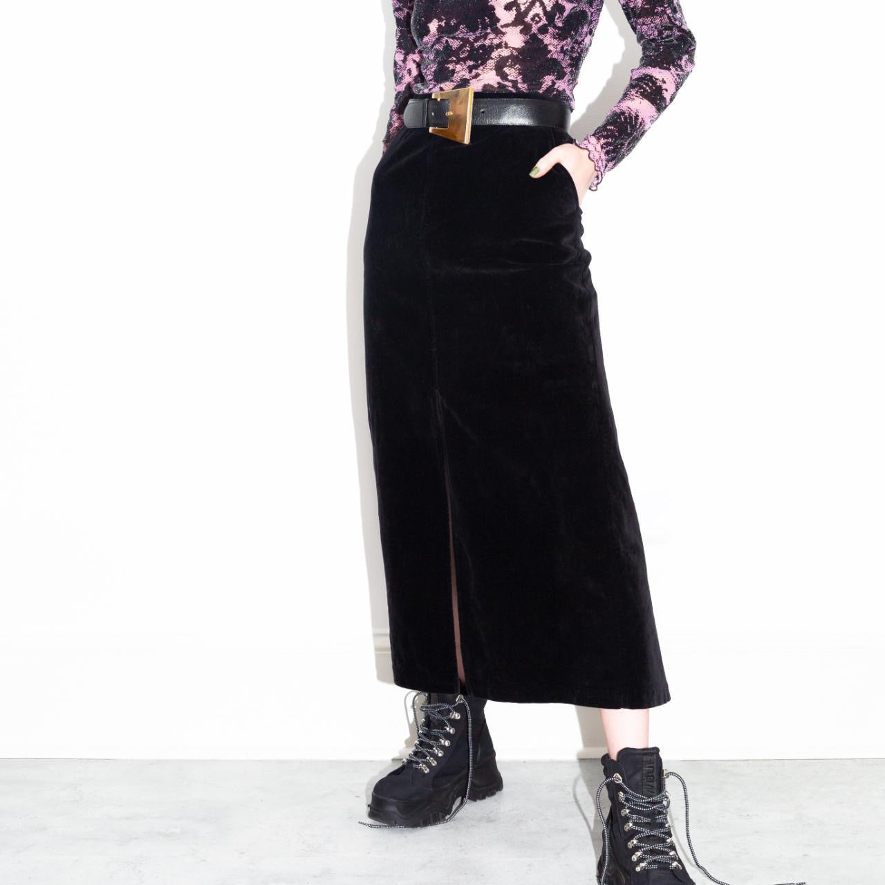 Vintage 90s Black Velvet Slit Skirt