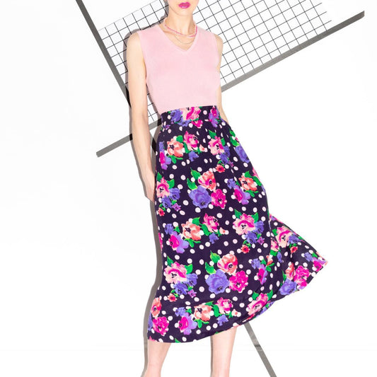 Vintage 80s Polka Dot Floral Skirt