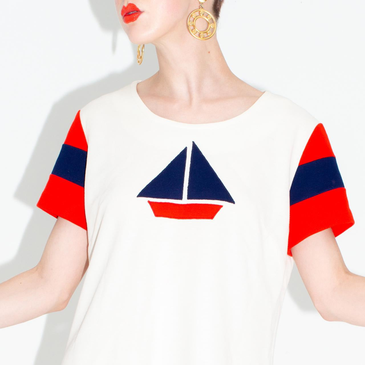 Vintage 60s White Tunic/Minidress with Navy/Red Sailboat