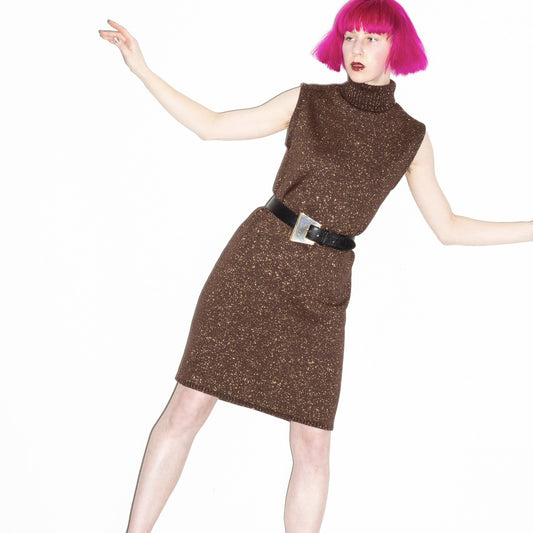 Vintage Brown and Gold Sleeveless Turtleneck Sweater Dress