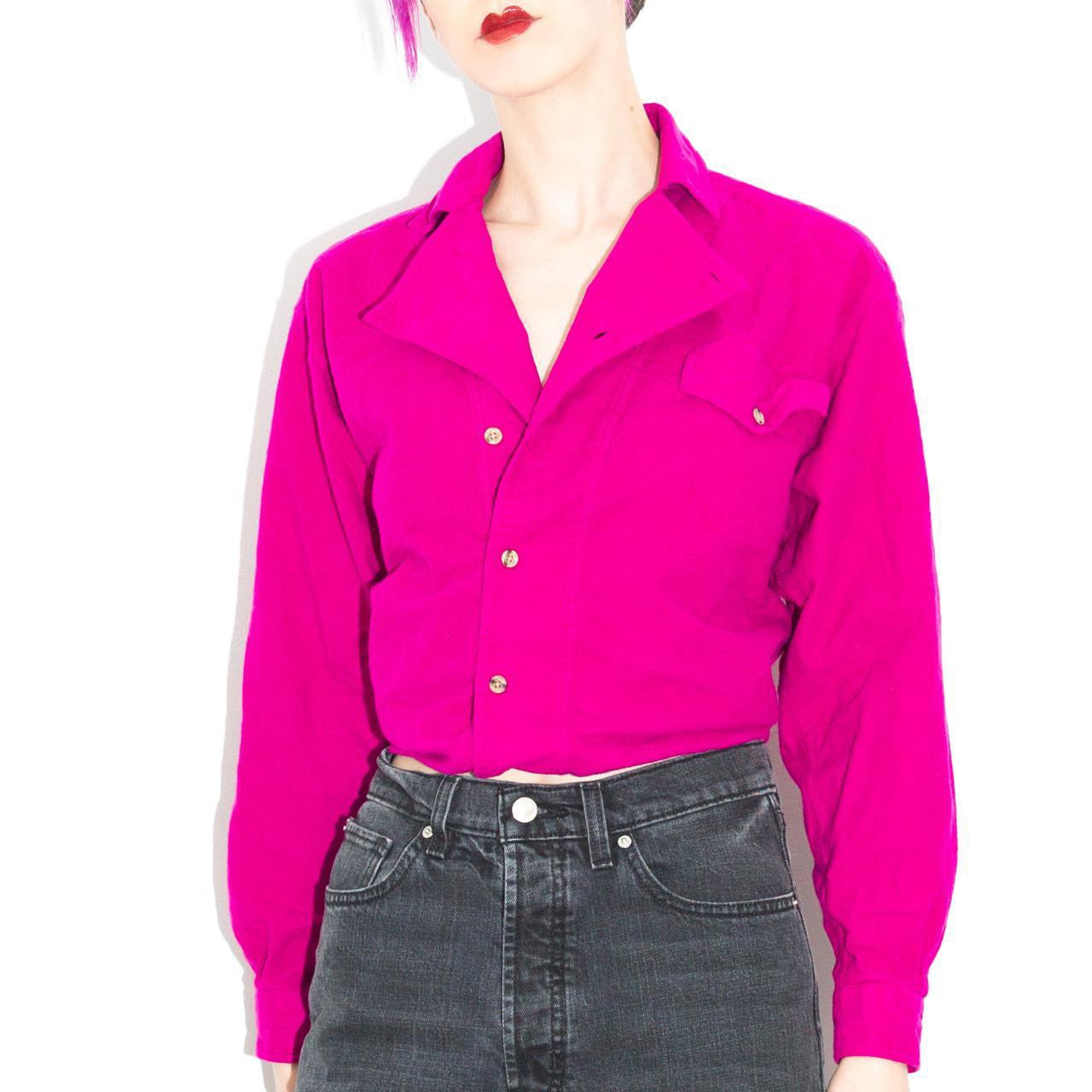 Vintage 80s Hot Pink Flannel Asymmetric Buttondown