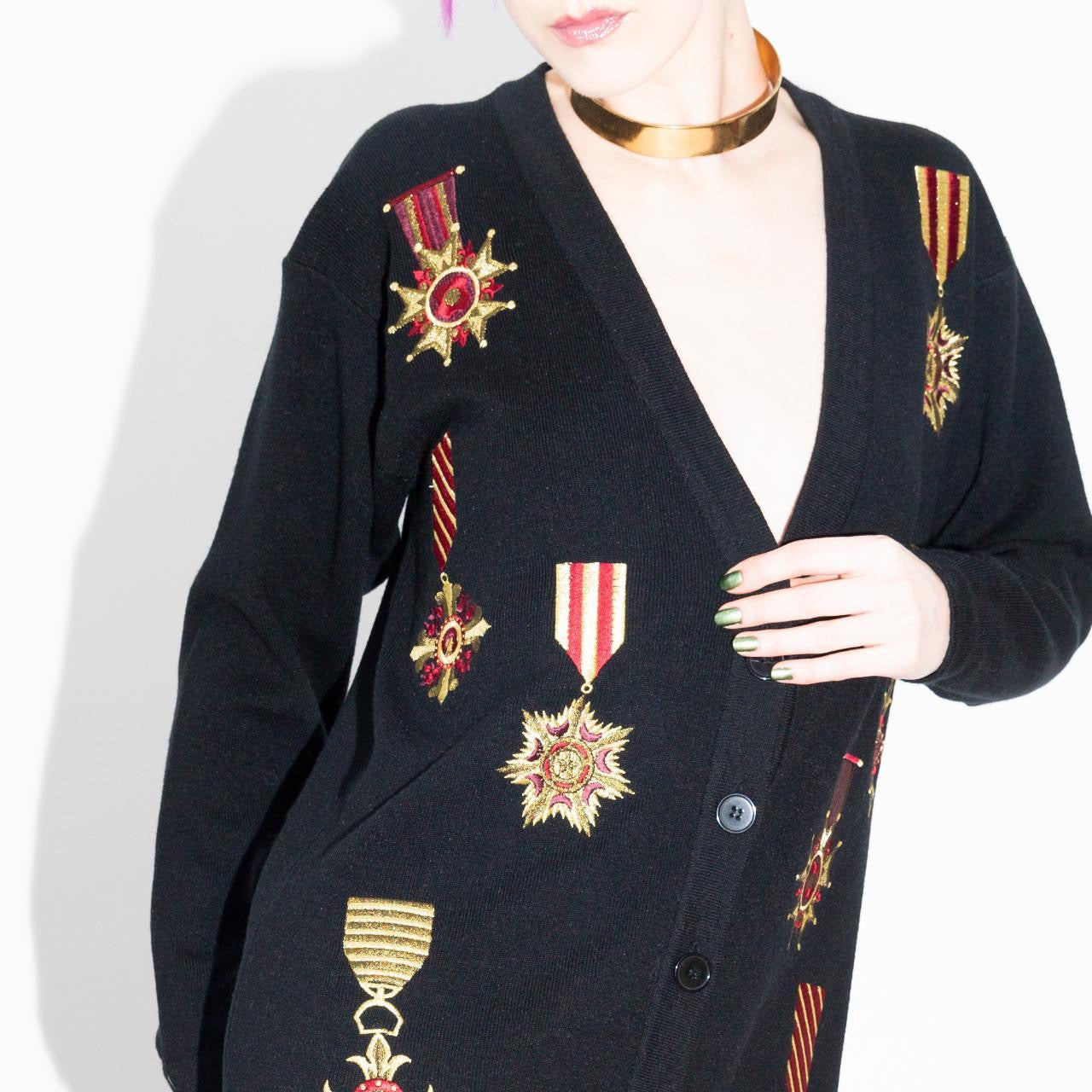 Vintage 90s Black Cardigan Sweater with Medals