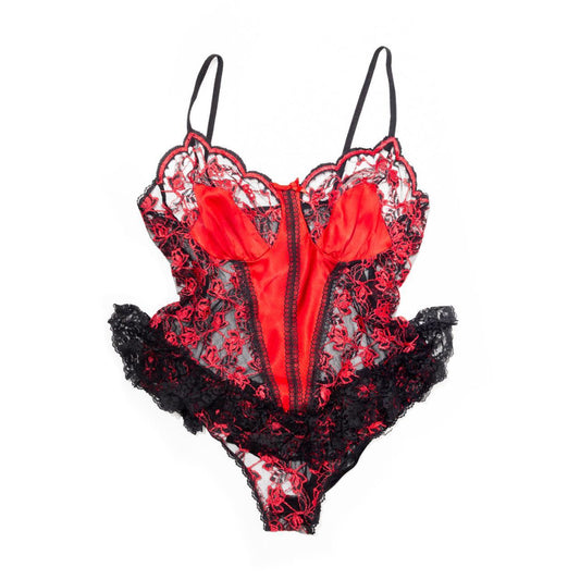 Vintage 80s Red and Black Sheer Lace Teddy