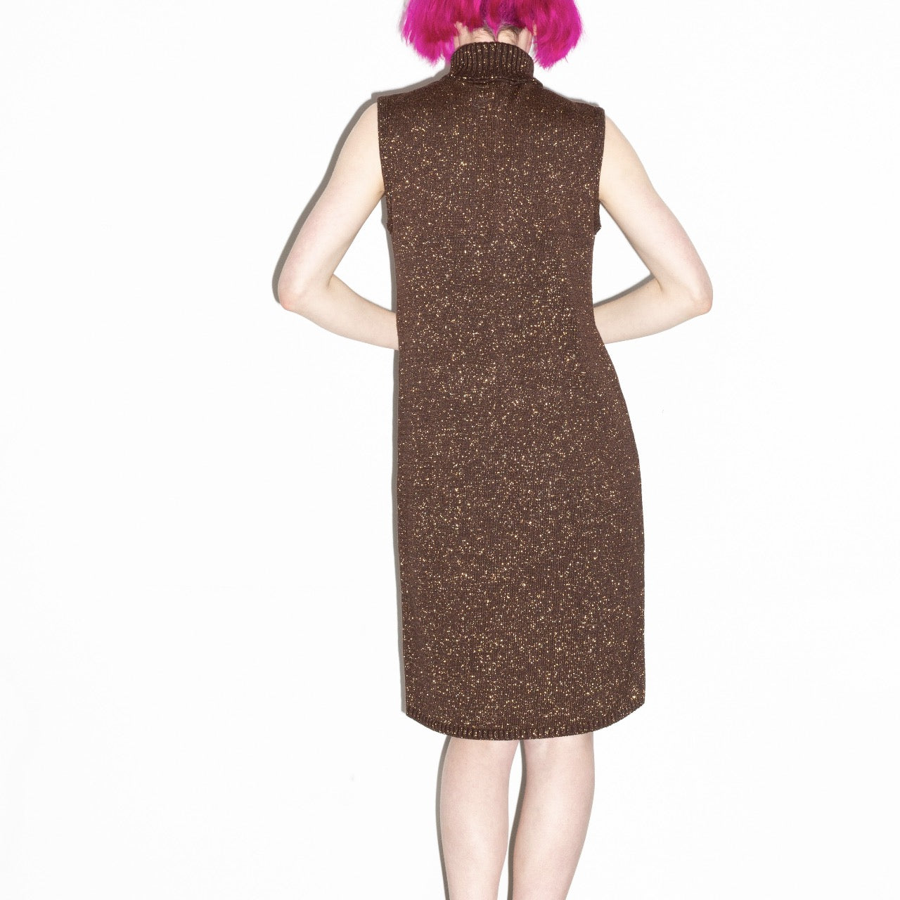 Vintage Brown and Gold Sleeveless Turtleneck Sweater Dress