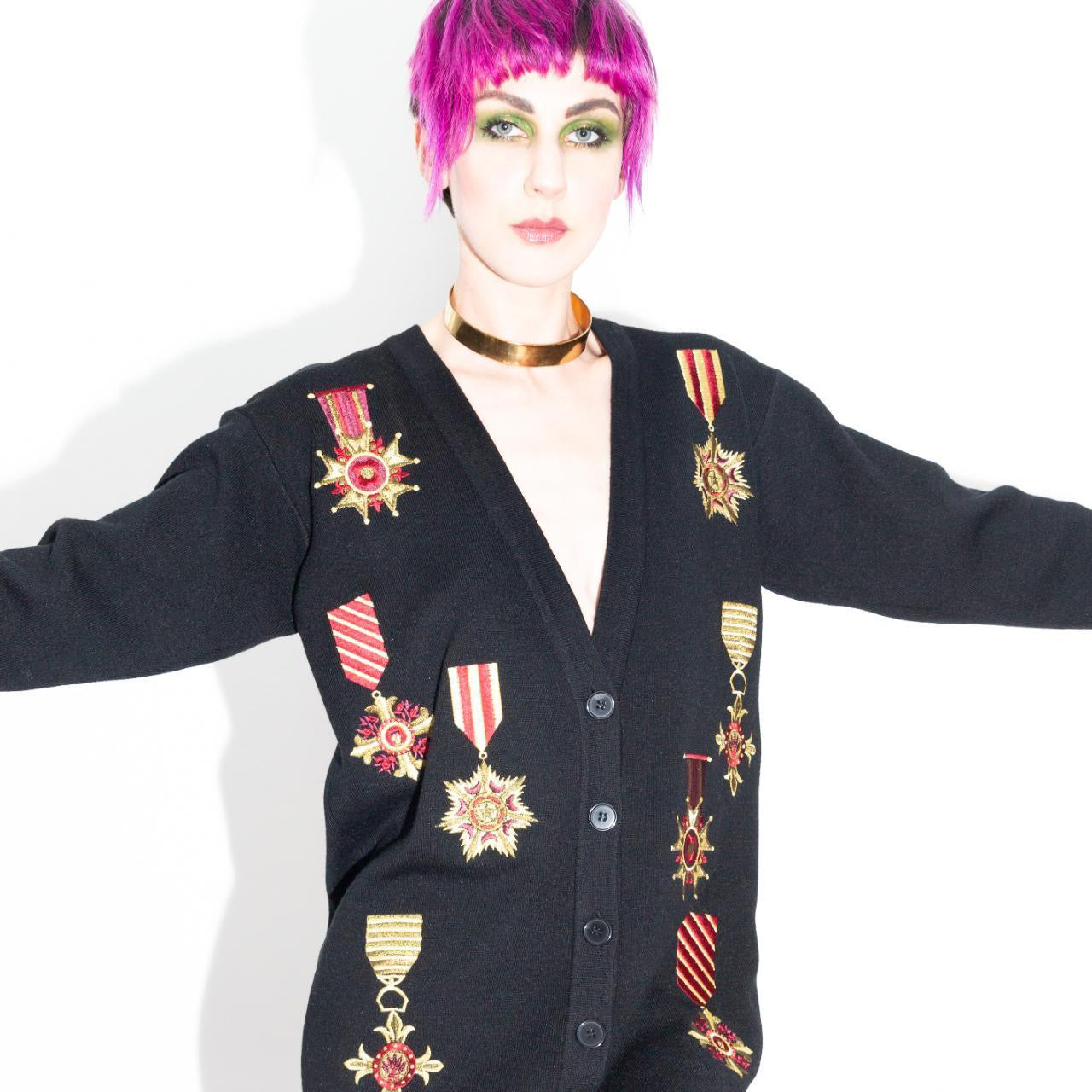 Vintage 90s Black Cardigan Sweater with Medals
